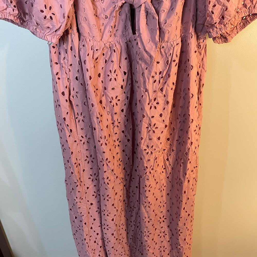 NWT Eloquii Eyelet Detail Tie Front Puff Sleeve Maxi Dress Pink Mauve SZ 28 NEW - Picture 7 of 16